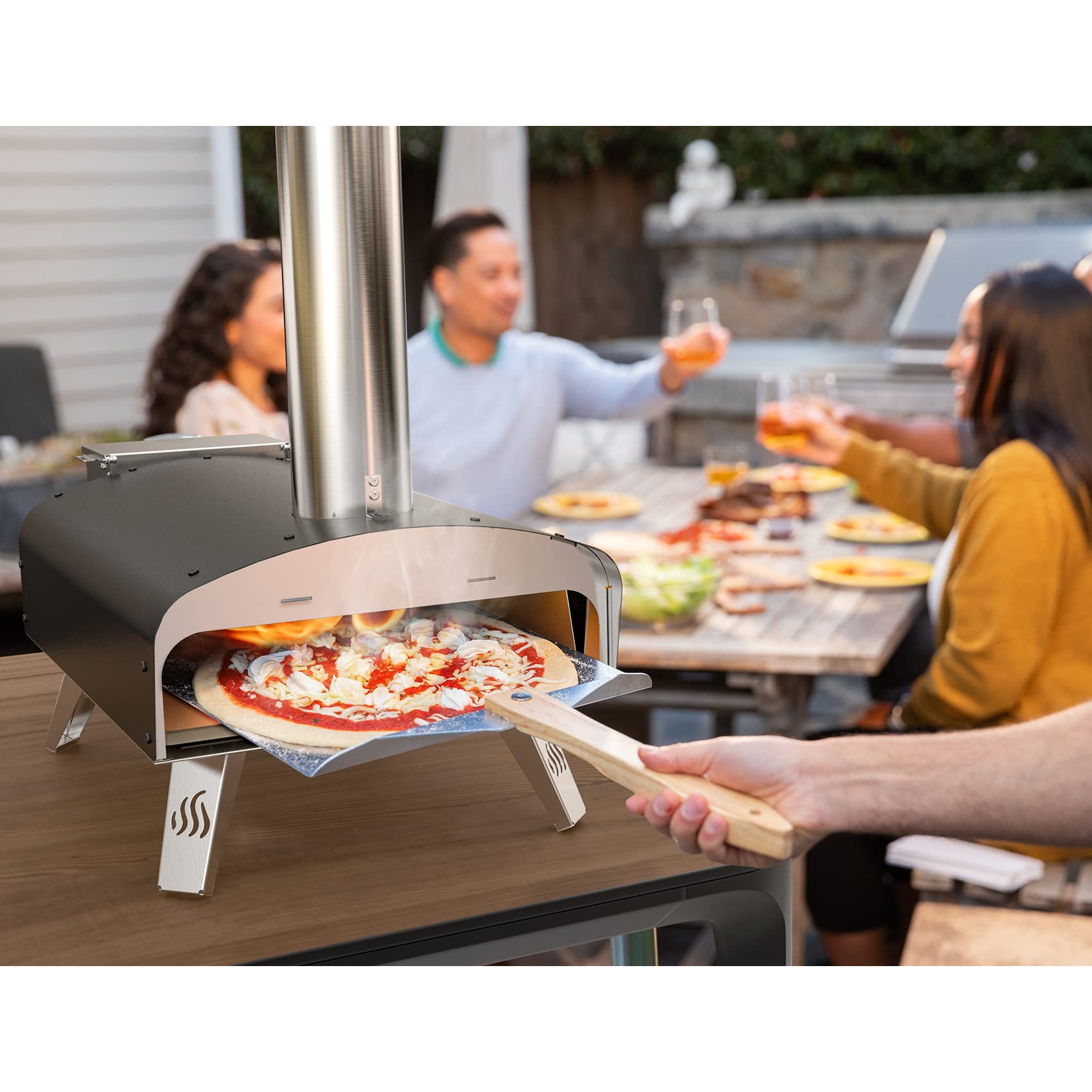 Mimiuo Pellet Pizzaofen,Outdoor pizzaofen mit 33x 33 cm Pizzastein und 36.5X 33.5cm Pizzaschalefel für Garten, Pellet Pizza Oven