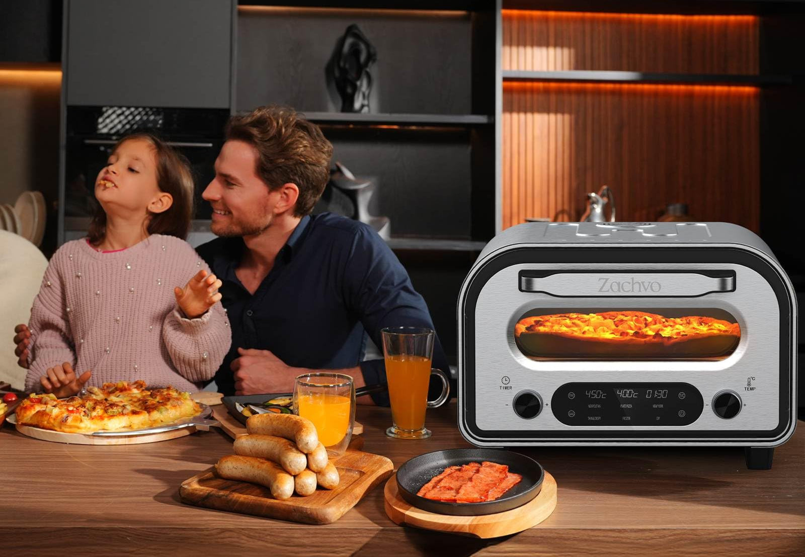 ZACHVO Elektrischer Pizzaofen - bis 450℃, 5 voreingestellte Pizzaarten, 1-60 Min Timer, Touchscreen & Drehregler, Edelstahlgehäuse, für 32cm Pizza, inkl. Pizzastein, Pizzaschieber, Rezeptbuch, Schwarz